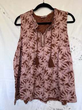 J. Jill Palm Leaf Embroidered Tassel Tie Sleeveless Top XL